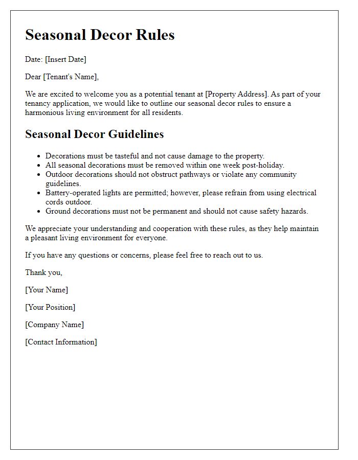 Letter template of seasonal decor rules for tenancy application