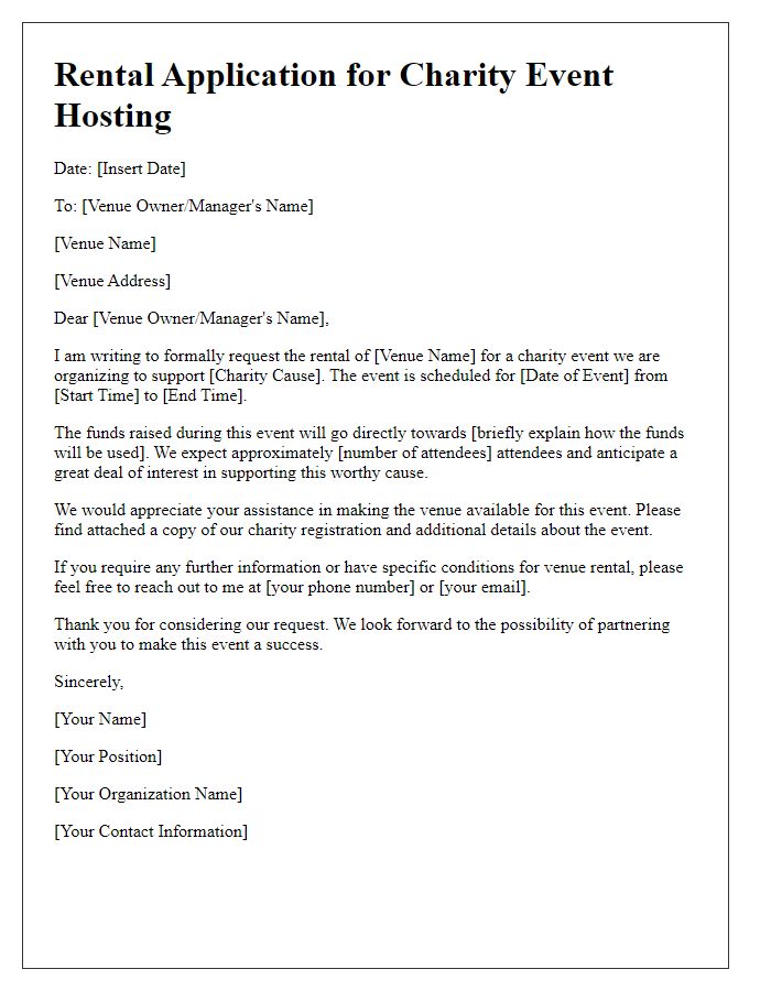 Letter template of rental application for charity event hosting