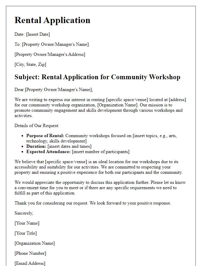 Letter template of rental application for community workshop organization