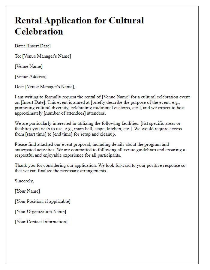 Letter template of rental application for cultural celebration