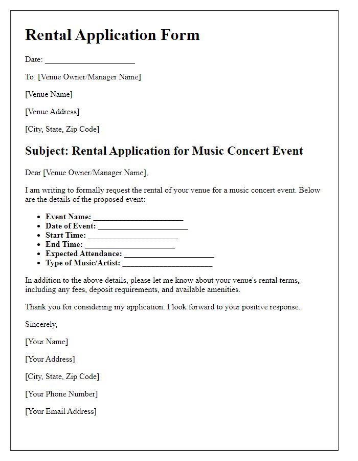 Letter template of rental application for music concert event