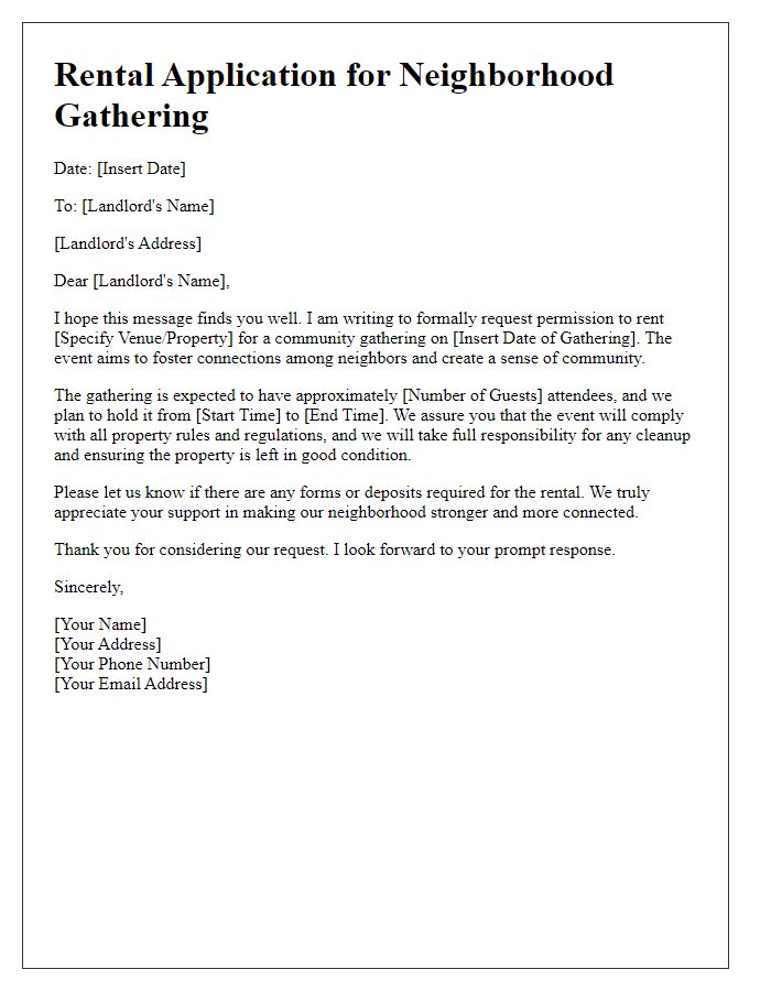 Letter template of rental application for neighborhood gathering