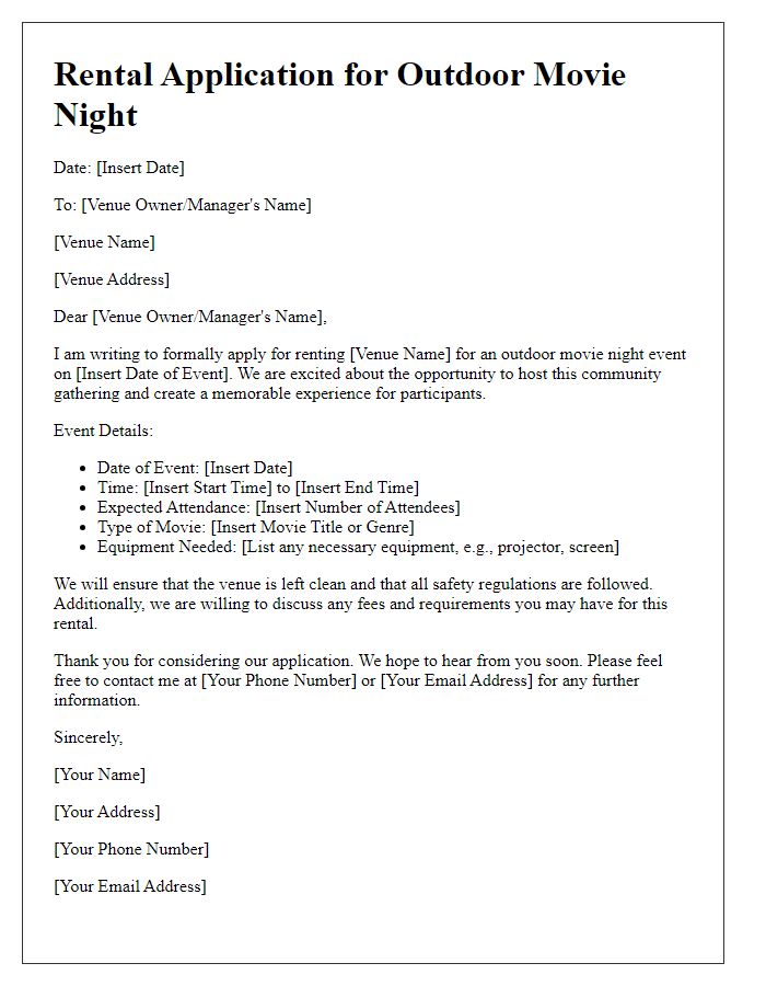 Letter template of rental application for outdoor movie night