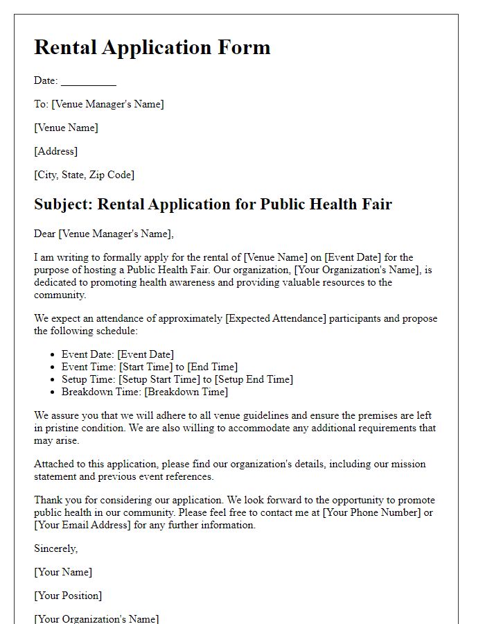 Letter template of rental application for public health fair