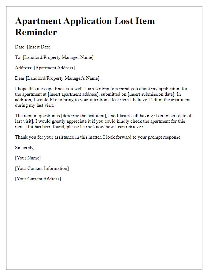 Letter template of Apartment Application Lost Item Reminder