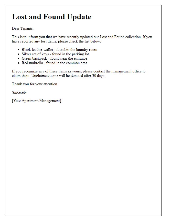 Letter template of Lost and Found Update for Tenants