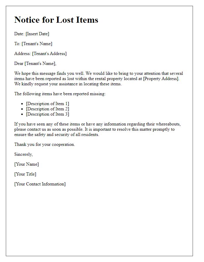 Letter template of Notice for Lost Items in Rental Properties