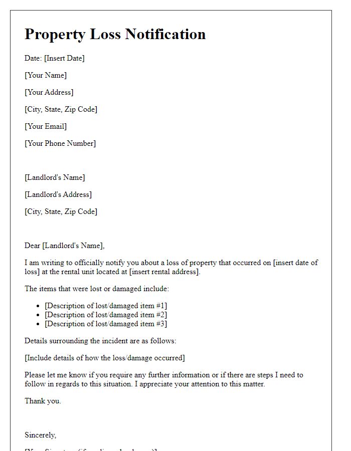 Letter template of Property Loss Notification for Renters