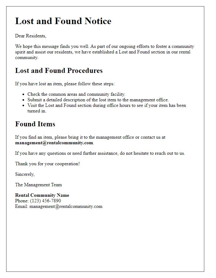 Letter template of Rental Community Lost and Found Information