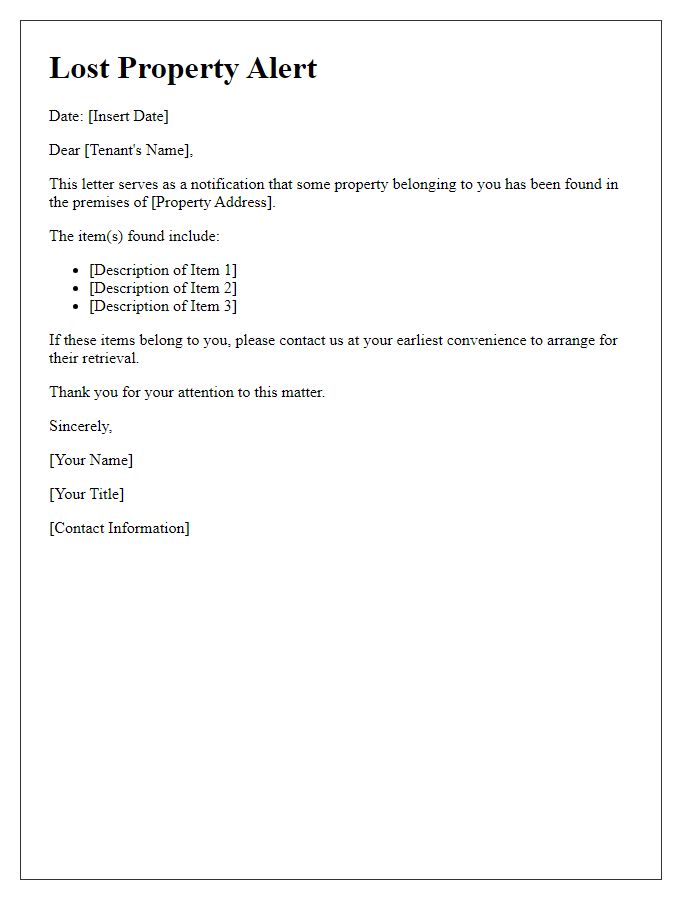 Letter template of Tenant Lost Property Alert