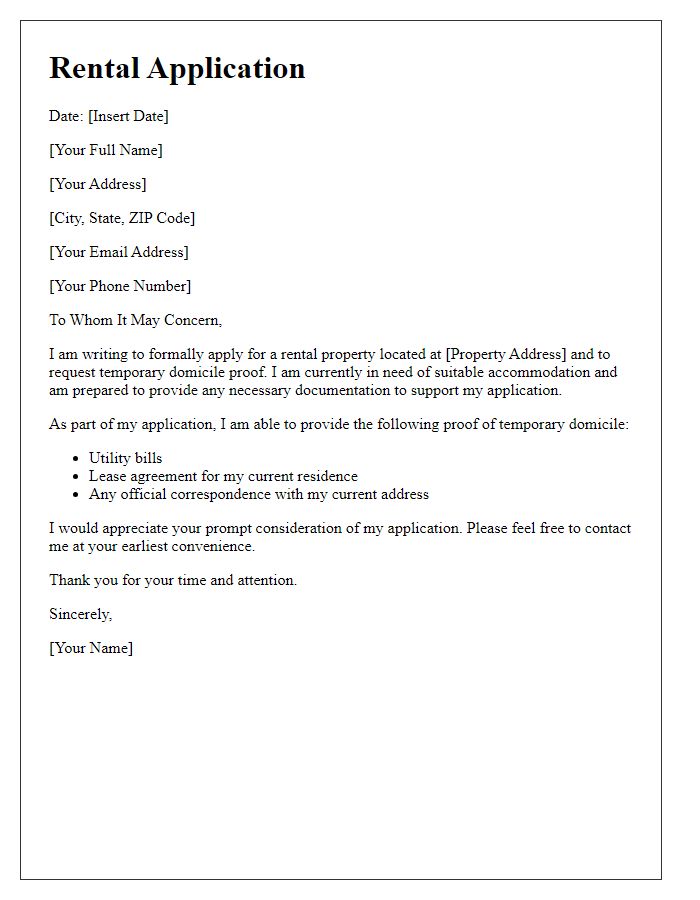 Letter template of rental application seeking temporary domicile proof.