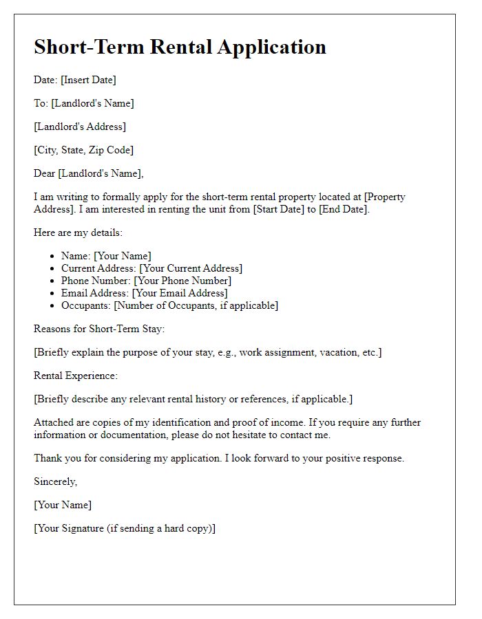 Letter template of rental application for short-term living arrangements.