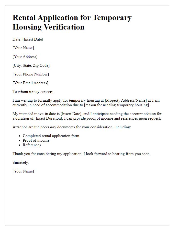 Letter template of rental application for temporary housing verification.