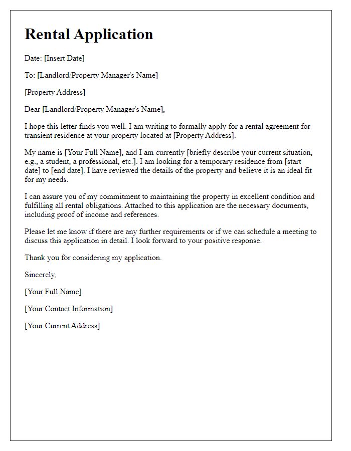 Letter template of rental application for transient residence documentation.