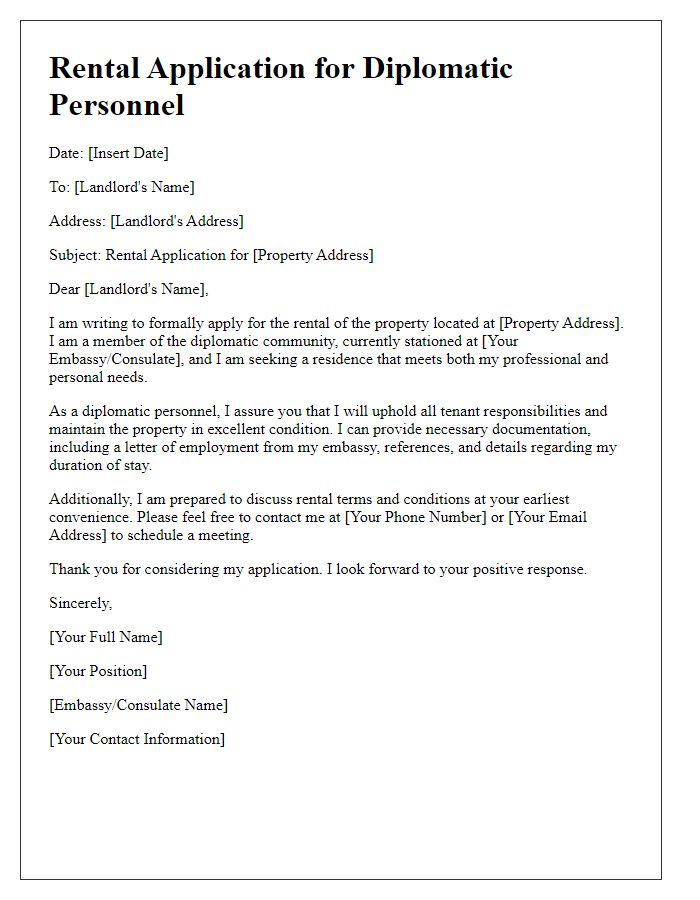 Letter template of rental application for diplomatic personnel.