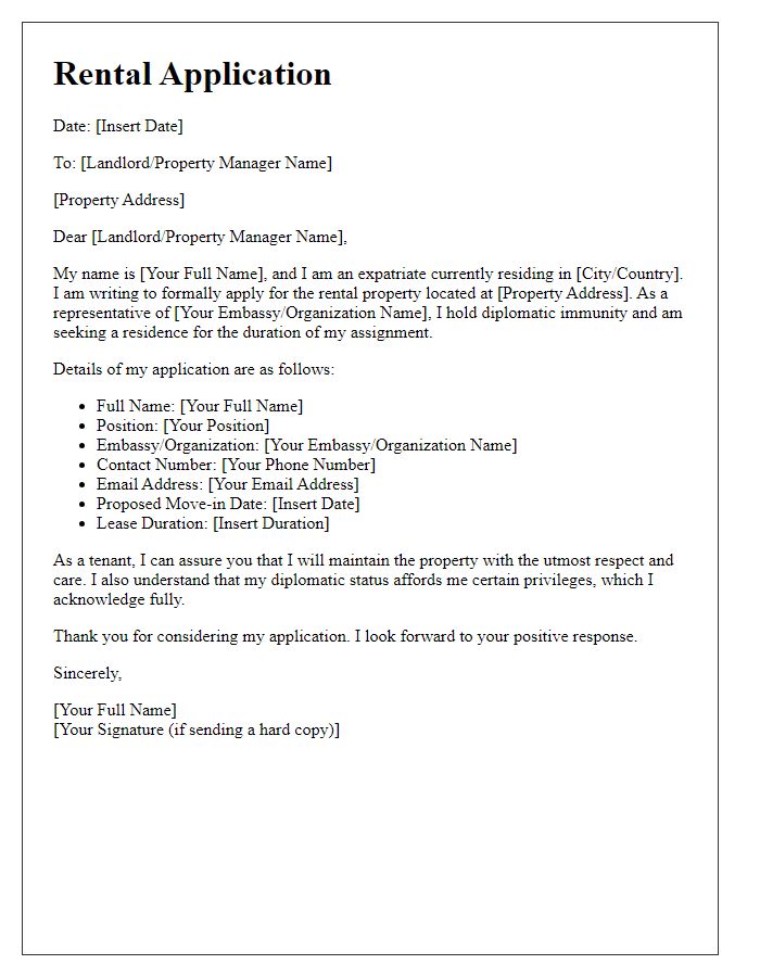 Letter template of rental application for expatriates with diplomatic immunity.