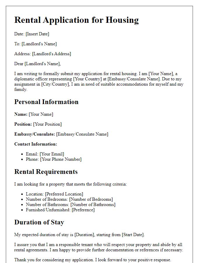 Letter template of rental application for foreign diplomats in need of housing.