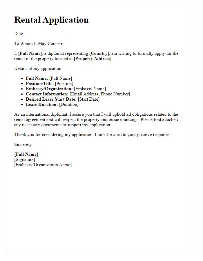 Letter template of rental application for international diplomats.