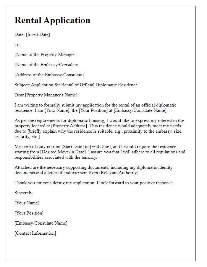 Letter template of rental application for official diplomatic residences.