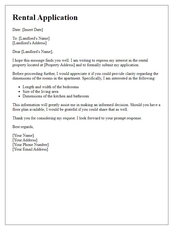 Letter template of rental application demanding clarity on room dimensions.