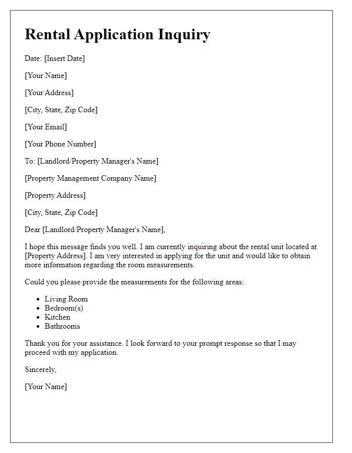 Letter template of rental application inquiry for room measurements.