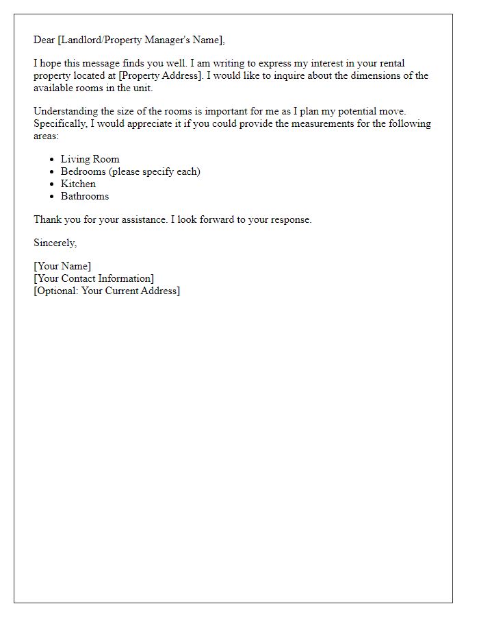 Letter template of rental application querying dimensions of available rooms.