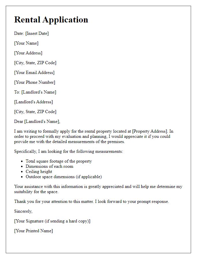 Letter template of rental application requesting detailed measurements of premises.