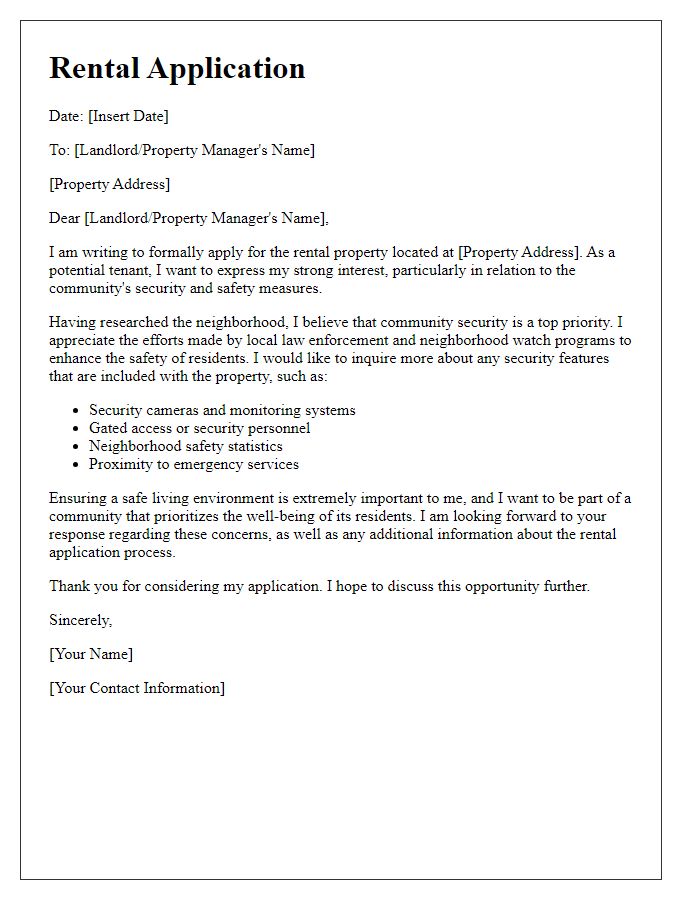 Letter template of rental application with emphasis on community security concerns.