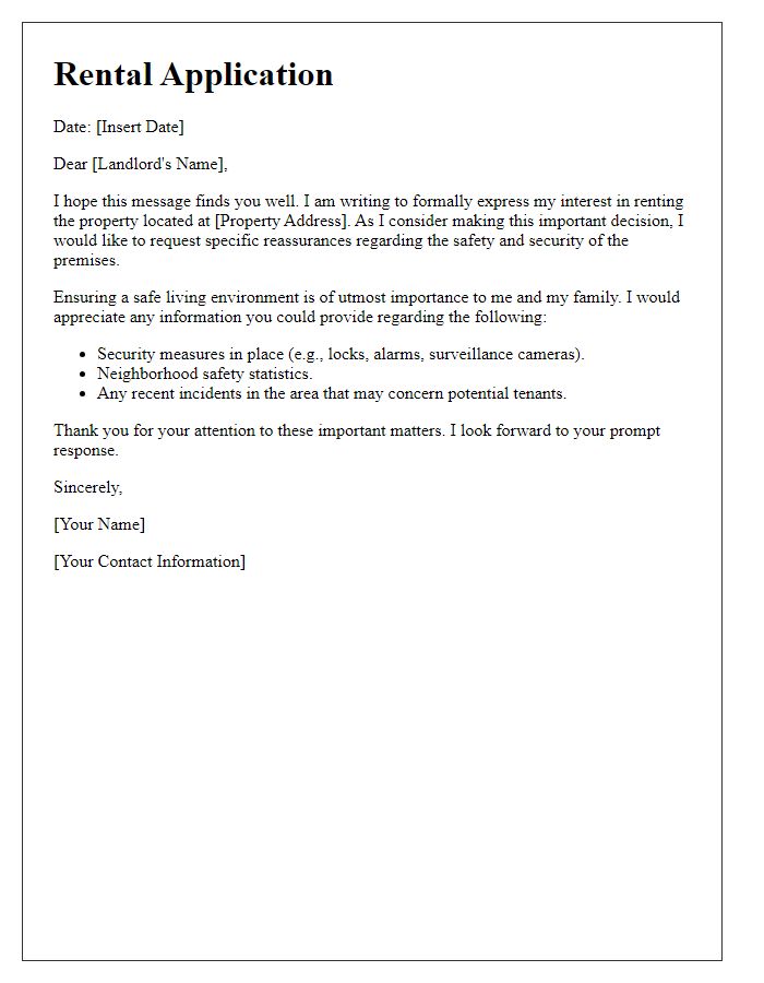 Letter template of rental application expressing desire for safety reassurance from landlord.