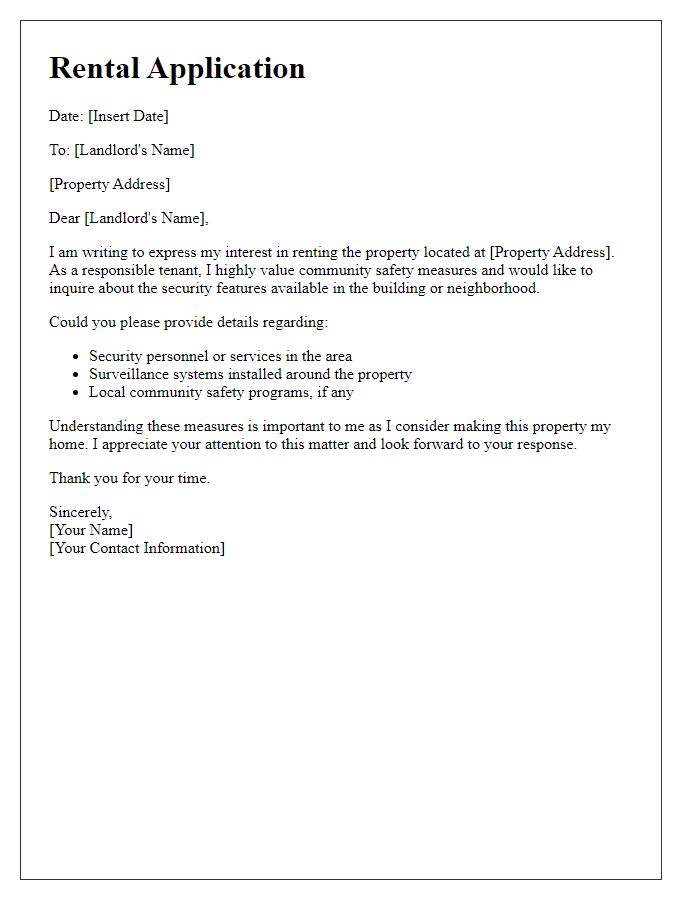 Letter template of rental application mentioning interest in community safety measures.