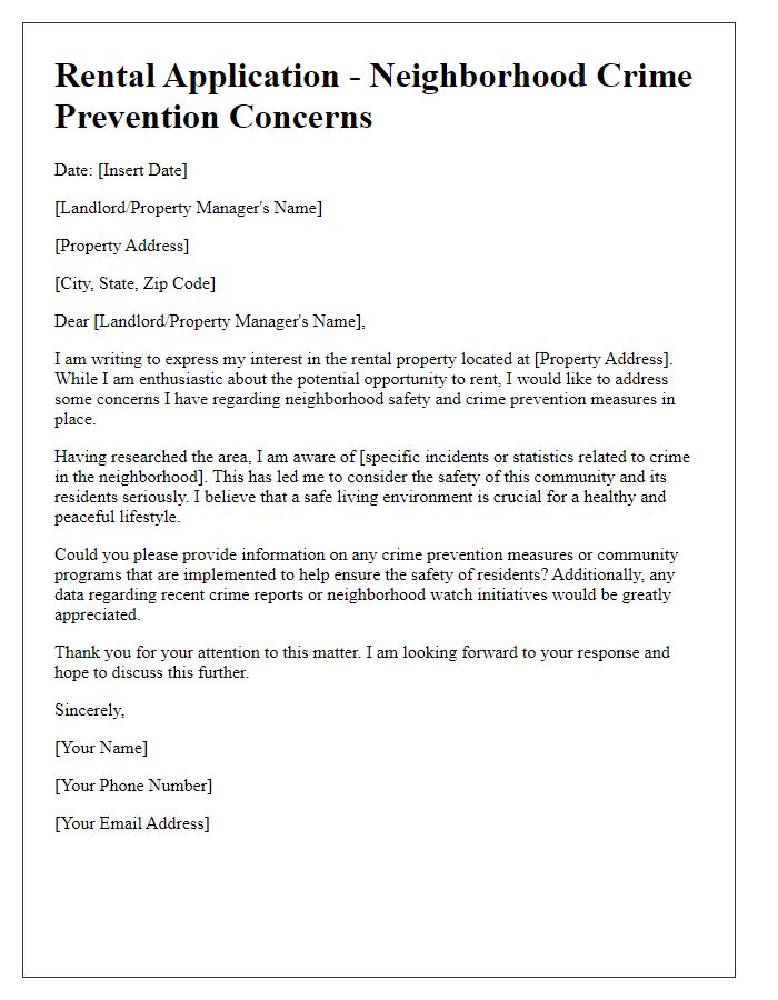 Letter template of rental application outlining concerns regarding neighborhood crime prevention.