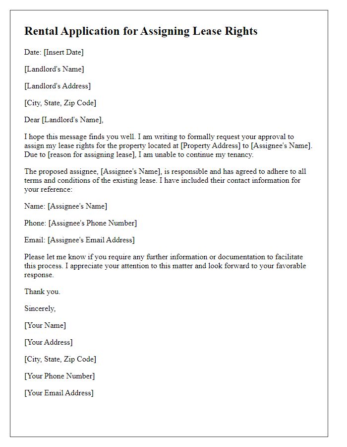 Letter template of rental application for assigning lease rights