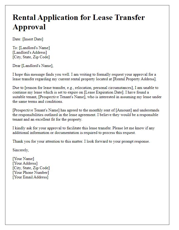 Letter template of rental application for lease transfer approval