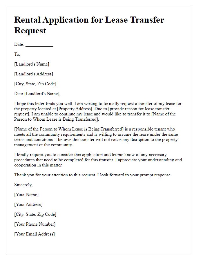 Letter template of rental application for lease transfer request