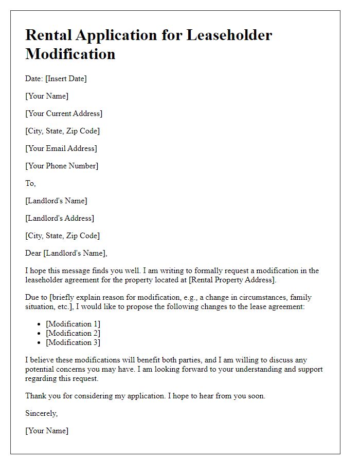 Letter template of rental application for leaseholder modification