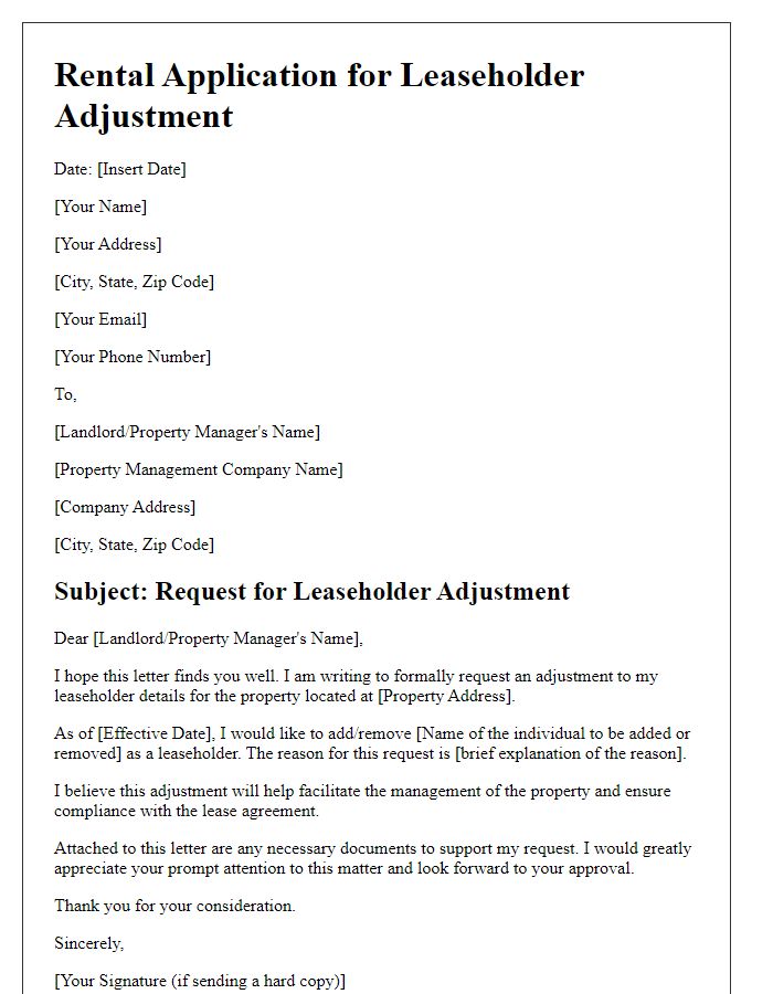 Letter template of rental application regarding leaseholder adjustment