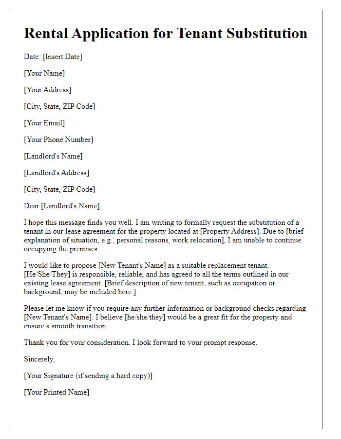 Letter template of rental application for tenant substitution