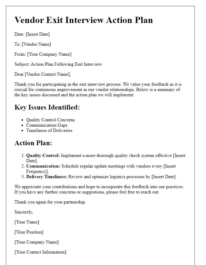 Letter template of vendor exit interview action plan