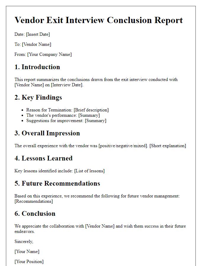 Letter template of vendor exit interview conclusion report