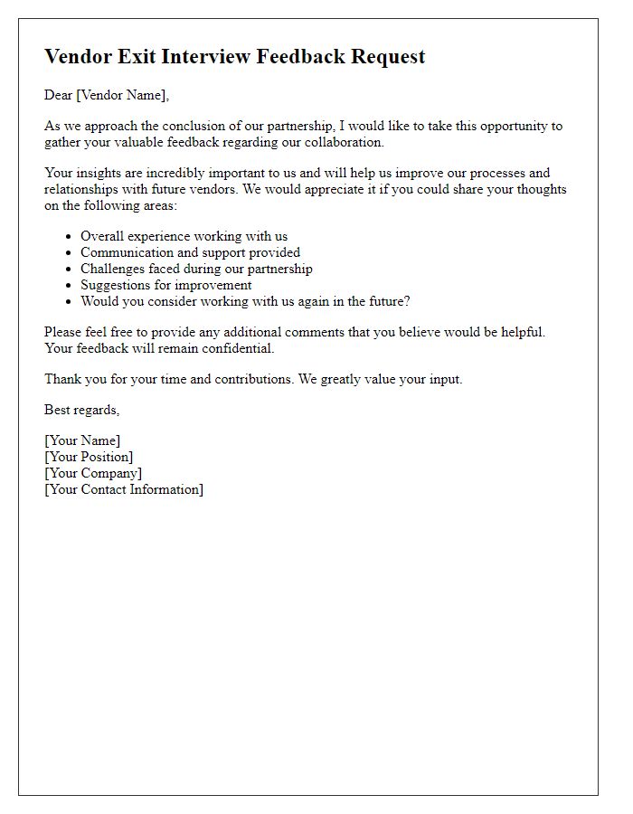 Letter template of vendor exit interview feedback request