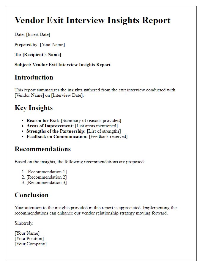 Letter template of vendor exit interview insights report