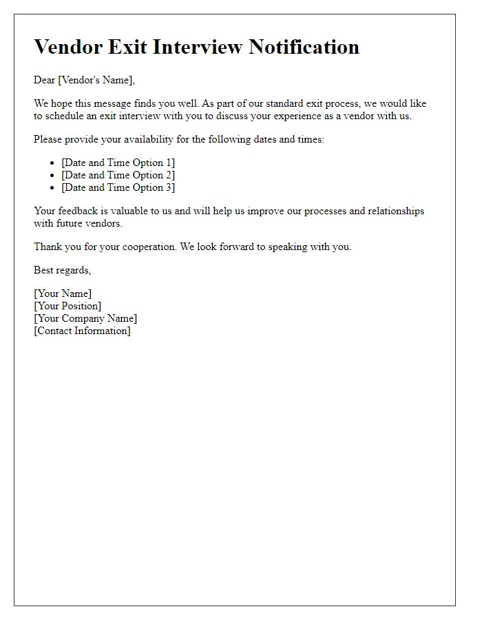 Letter template of vendor exit interview scheduling