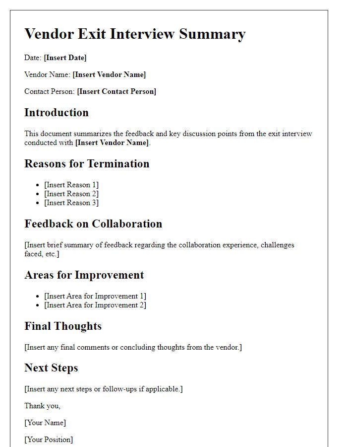 Letter template of vendor exit interview summary