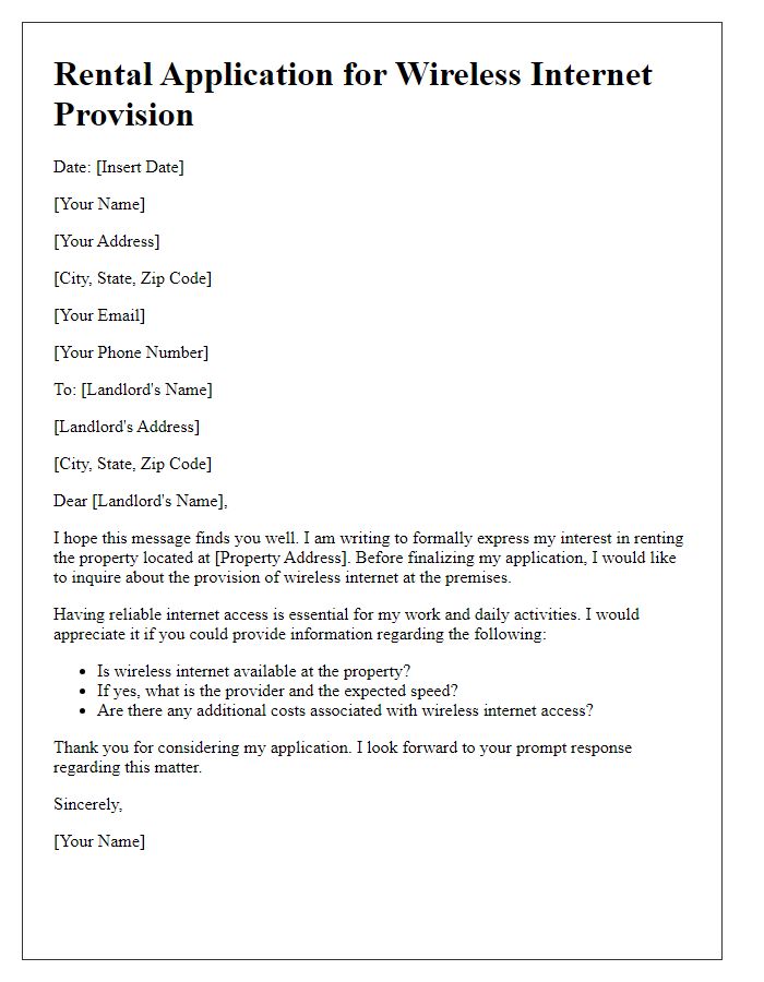 Letter template of rental application concerning wireless internet provision.