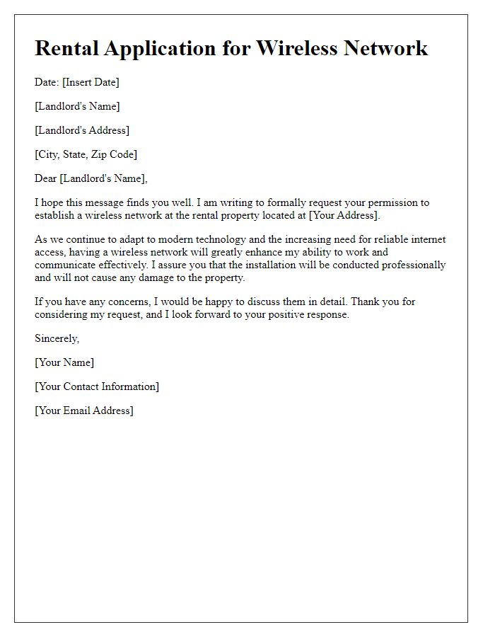 Letter template of rental application for establishing wireless network.
