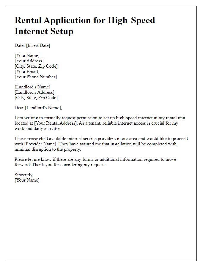 Letter template of rental application for high-speed internet setup.