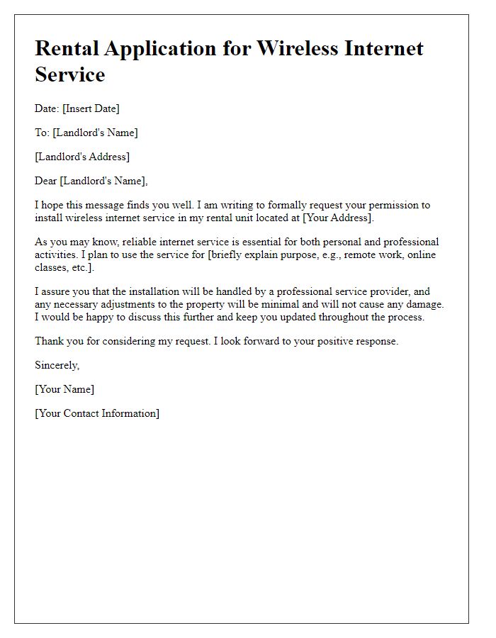 Letter template of rental application to install wireless internet service.