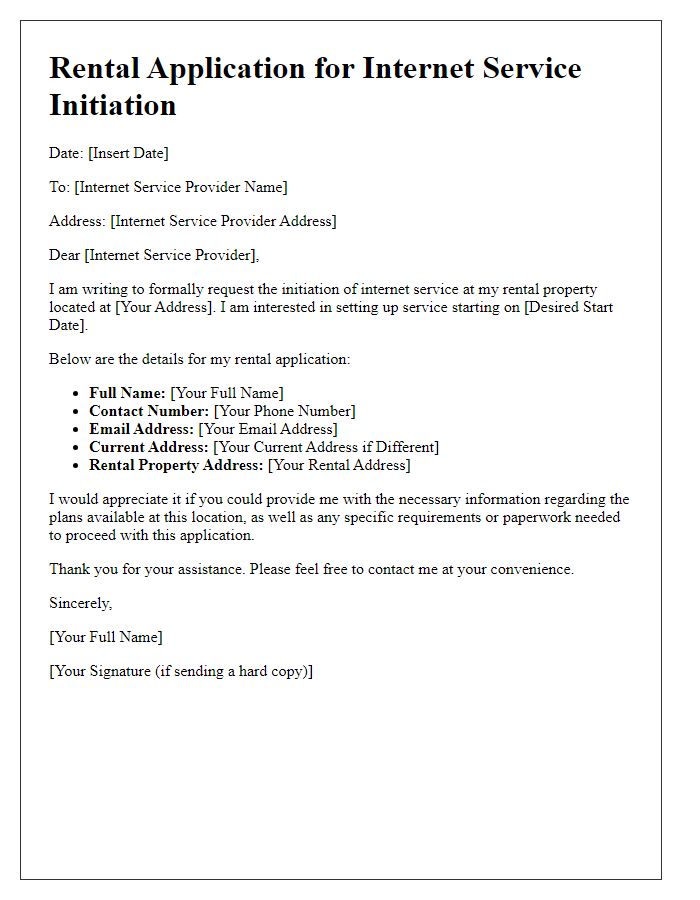 Letter template of rental application for internet service initiation.