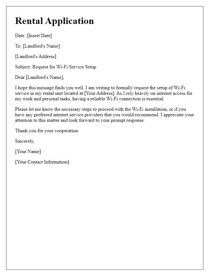 Letter template of rental application requesting Wi-Fi service setup.
