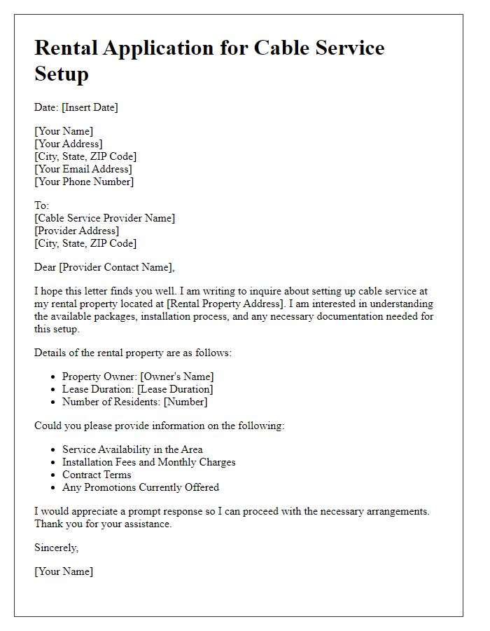 Letter template of rental application for cable service setup inquiry